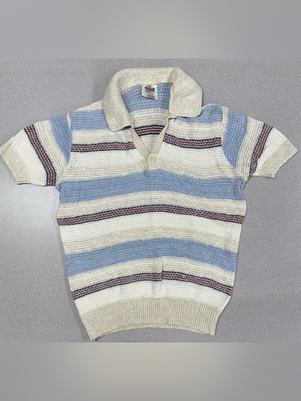 Vintage 1970 Caldwell Knit Blue White Cream Stripe Open Johnny Collar Knit Shirt